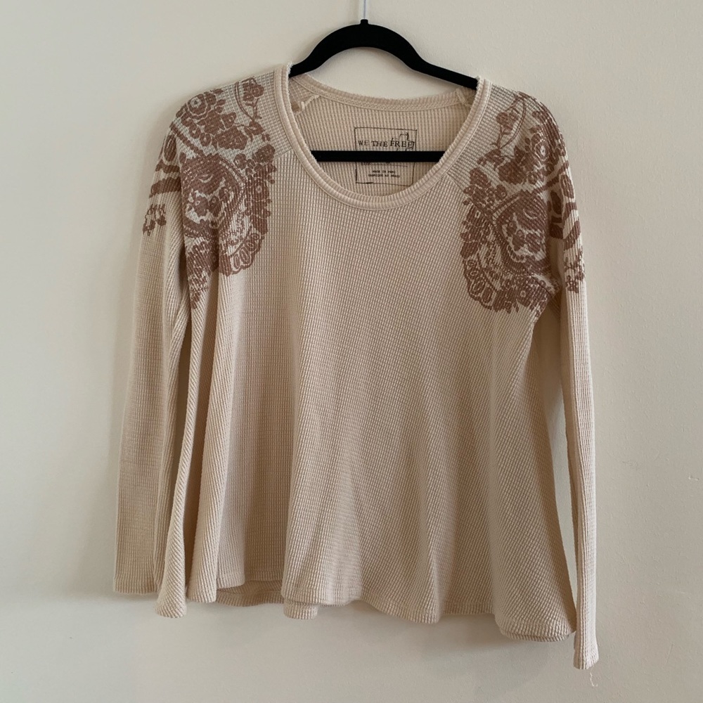 We The Free Cream Long Sleeve Thermal Top with Brown Floral Shoulder Print